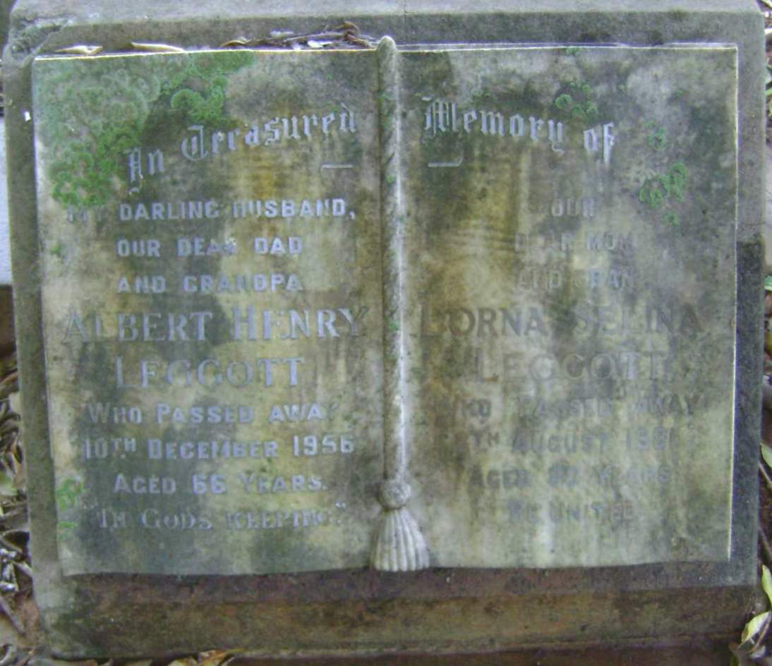 Headstone of Albert Henry Leggott and Lorna Seline (Byerley) Leggott