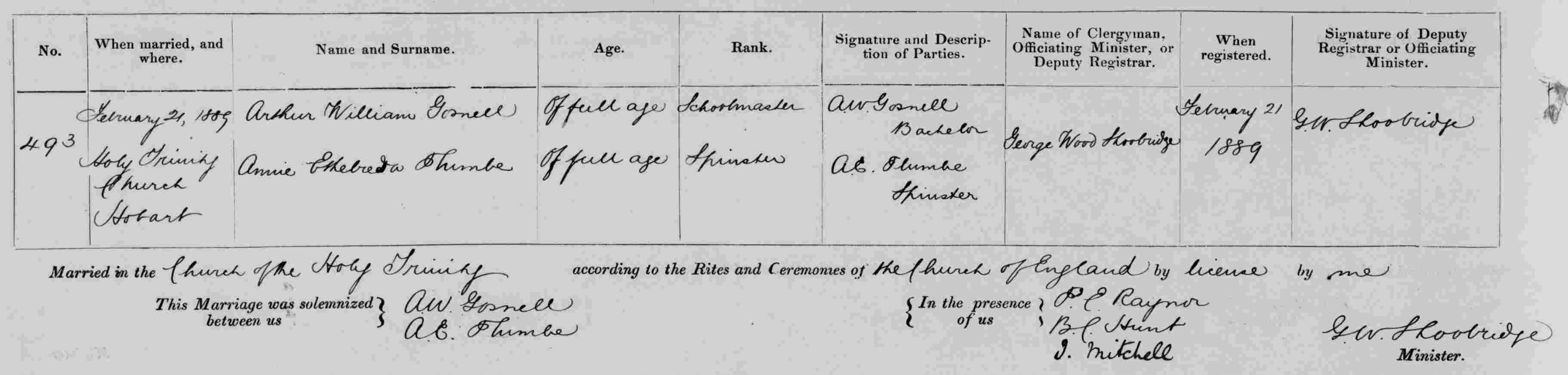 Marriage Register entry for Arthur William Gosnell and Annie Ethelreda Plumbe