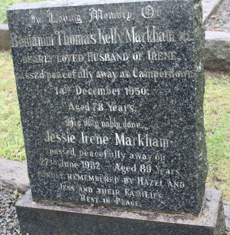 Gravestone of Benjamin Thomas Kelly Markham and Jessie Irene (Edmondson) Markham