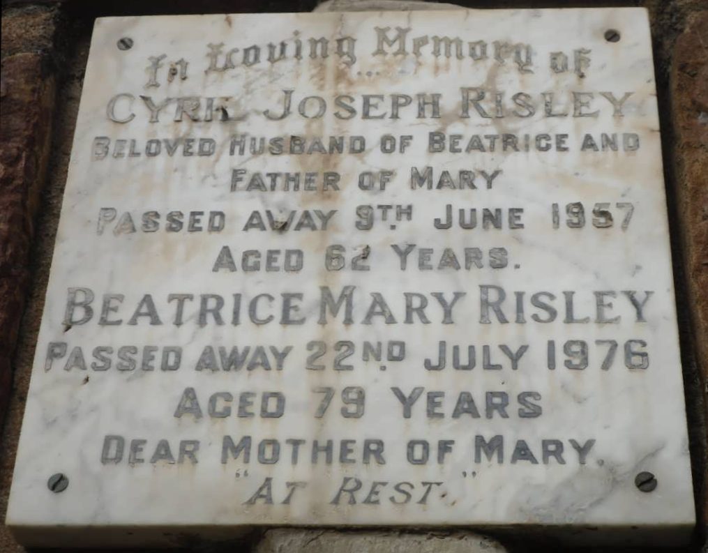 Memorial to Cyril Jospeh Risley and Beatrice Mary (Wlaker) Risley