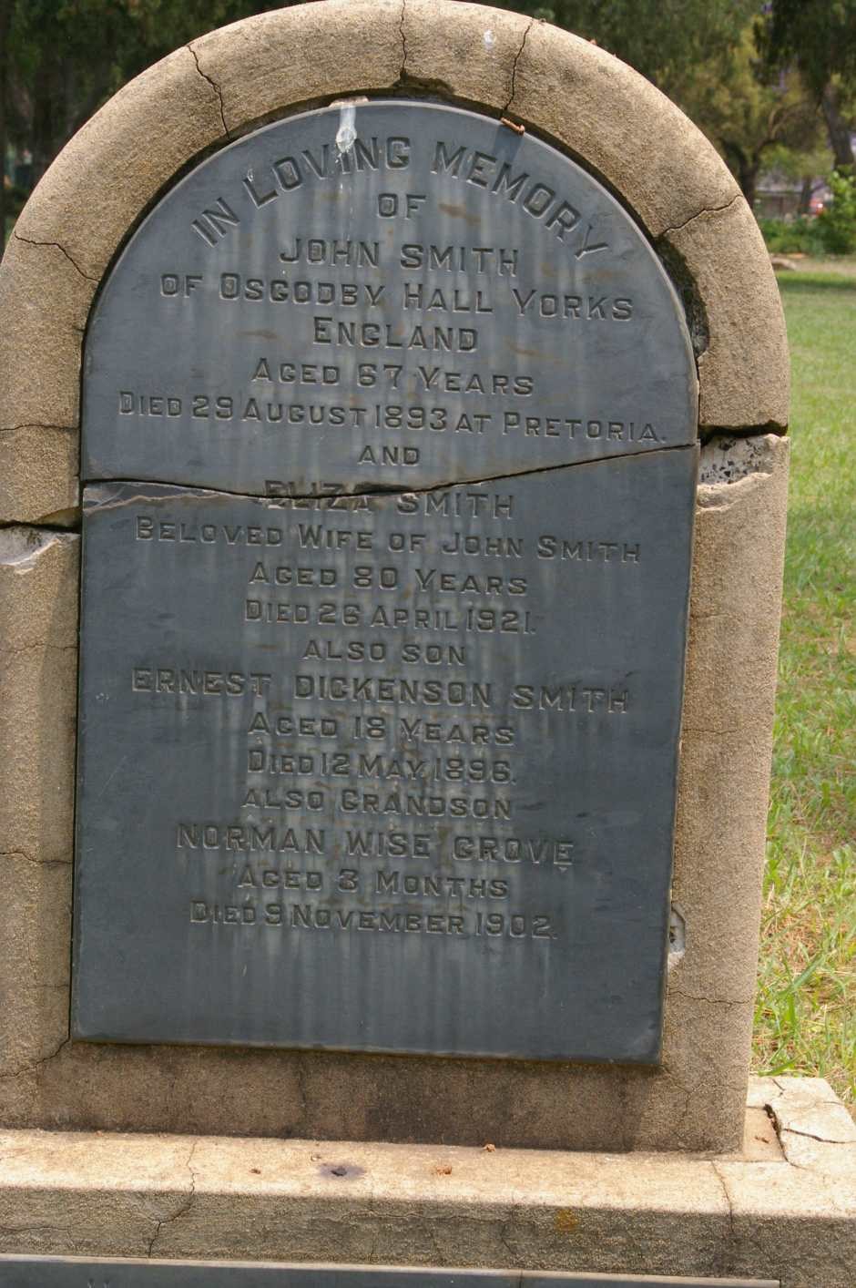 Gravestone of John Smith, Eliza (Ford) Smith, Ernest Dickenson Smith and Norman Wise Grove