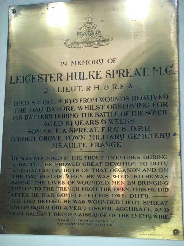 Memorial plaque Leicester Hulke Spreat