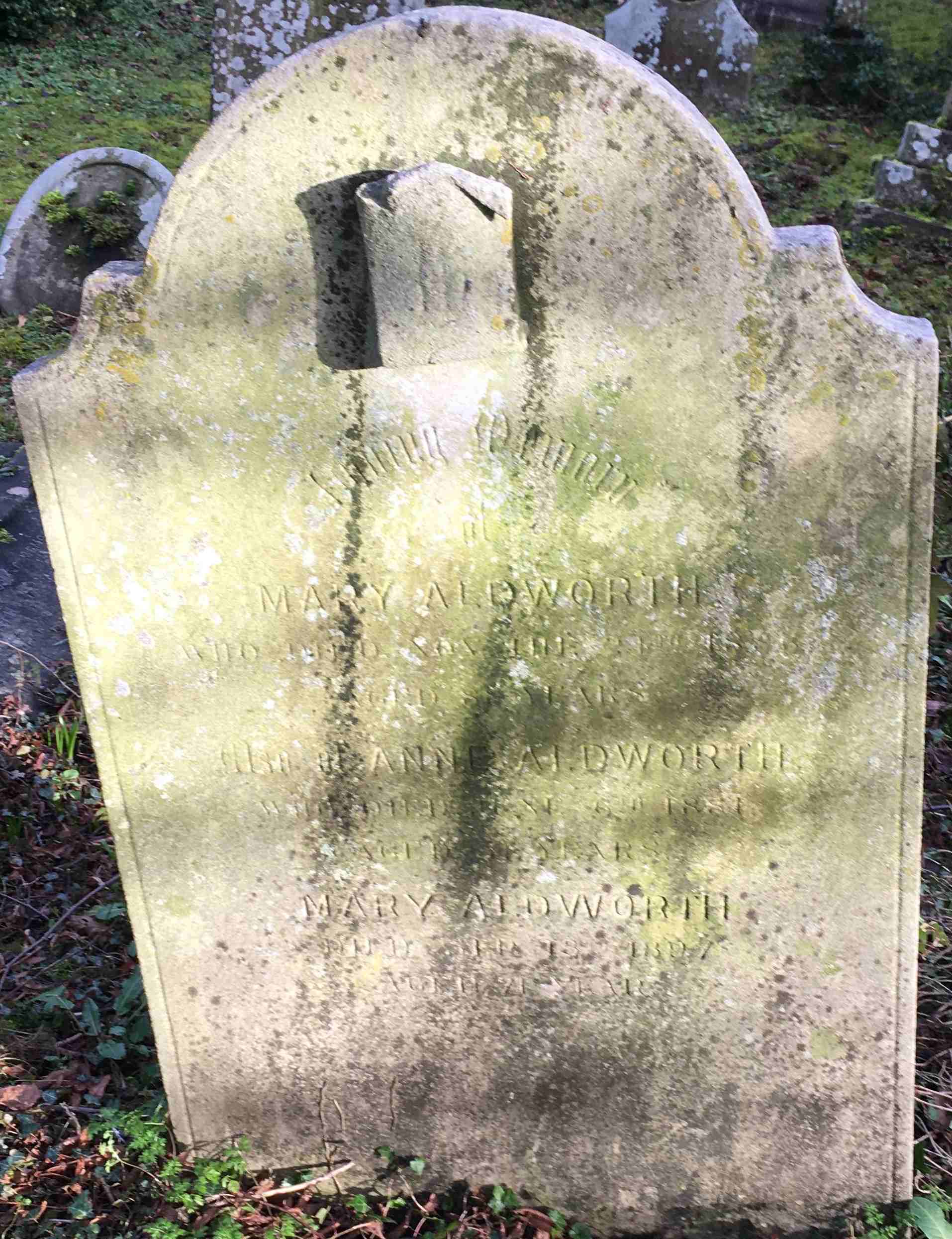 Headstone of Mary (Plumbe) Aldworth and her two daughters, Anne Aldworth and Mary Aldworth in Chain Hill Cemetery, Wantage